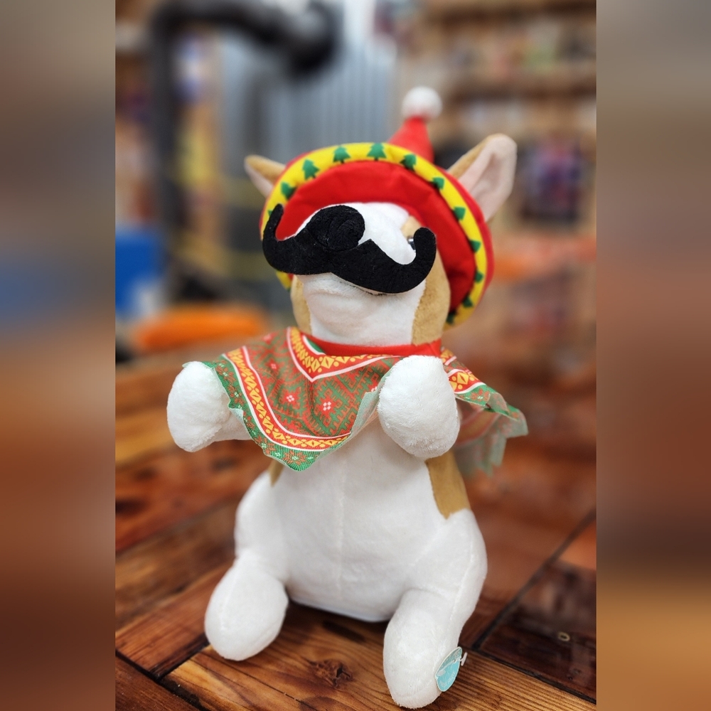 Animated Festive Chihauhau Puppy Plush Toy with Sombrero and Poncho.